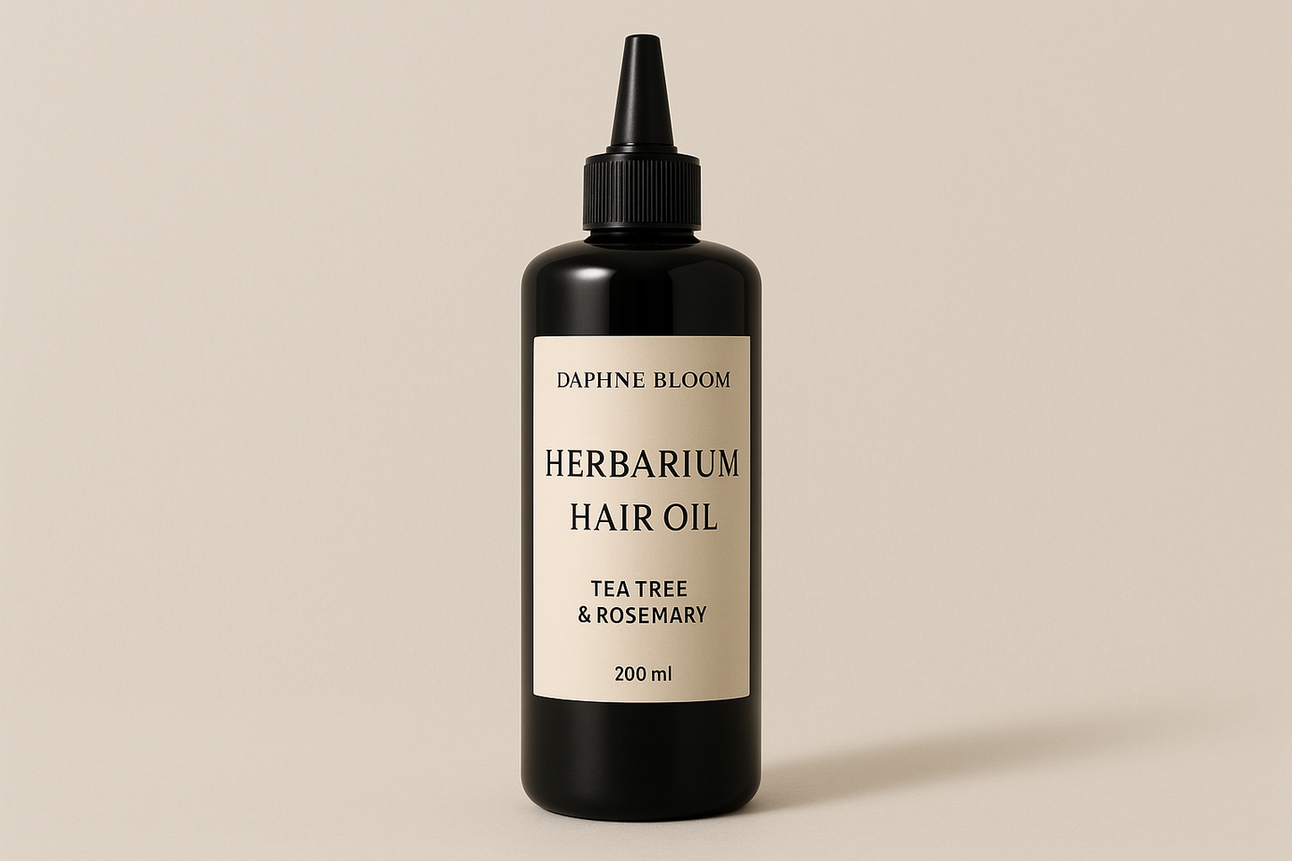Daphne Bloom Herbarium Hair Oil - 200ml - with tea tree and rosemary in a black hair oil container on light beige background