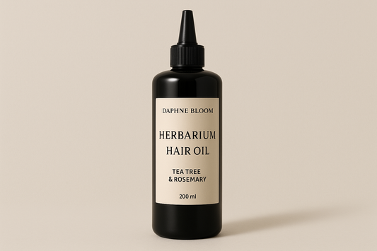 Daphne Bloom Herbarium Hair Oil - 200ml - with tea tree and rosemary in a black hair oil container on light beige background