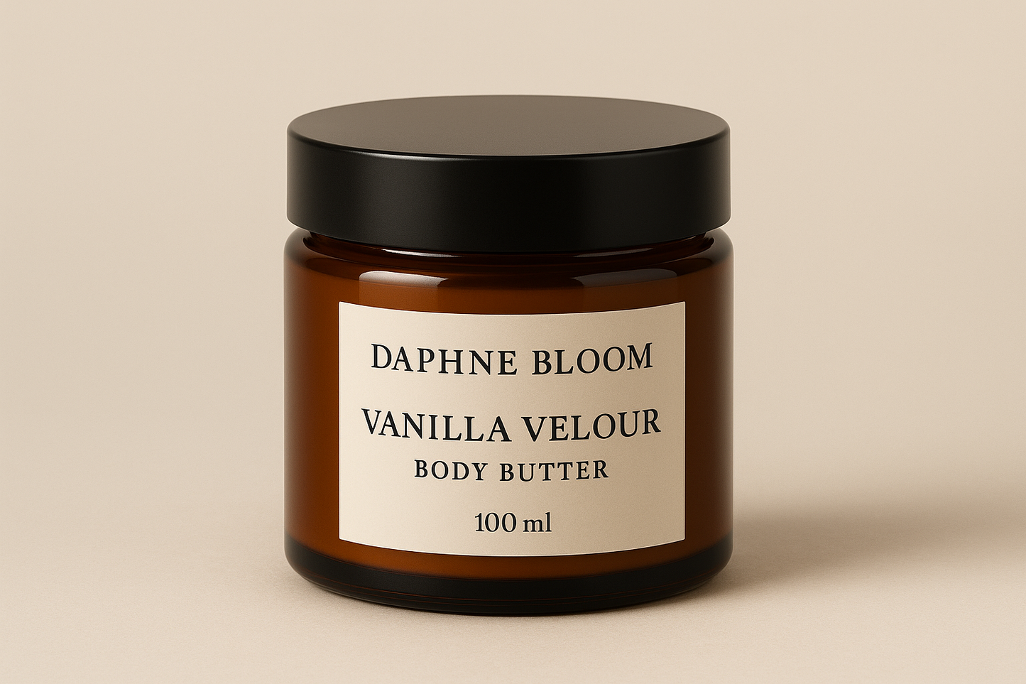 Daphne Bloom Vanilla Velour Body Butter 100ml Amberised Glass Jar with Black Lid on plain light beige background