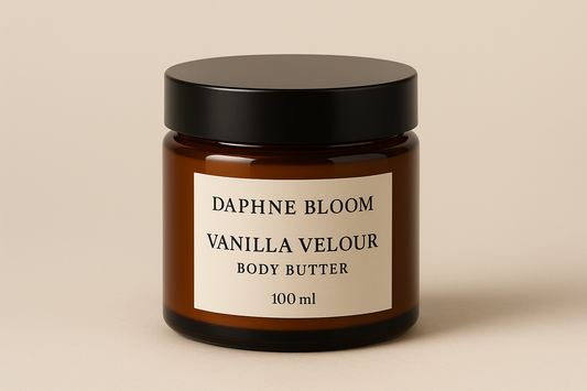 Daphne Bloom Vanilla Velour Body Butter 100ml Amberised Glass Jar with Black Lid on plain light beige background