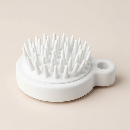 Scalp massage brush on light beige background