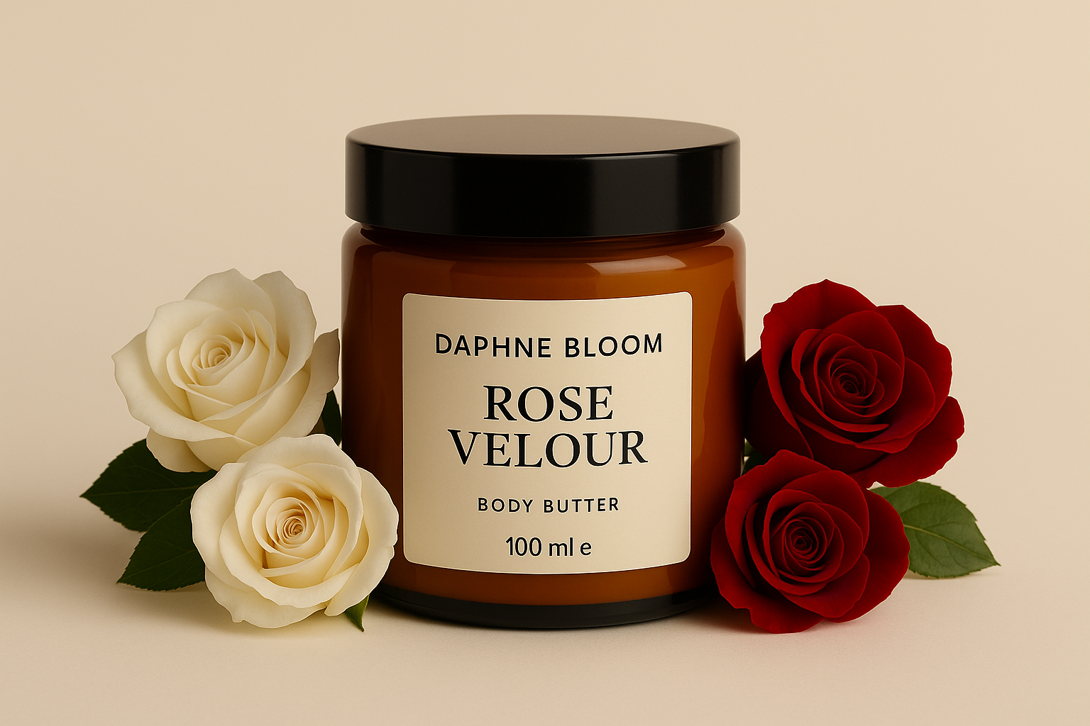 Updated Daphne Bloom rose velour body butter with sharp-cornered label and uppercase text